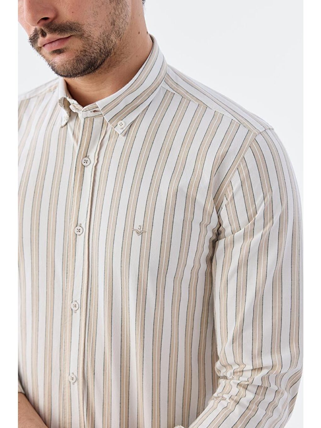 Bej Vizon Comfort Fit Düğmeli Yaka Cizgili Pamuklu Gömlek-2