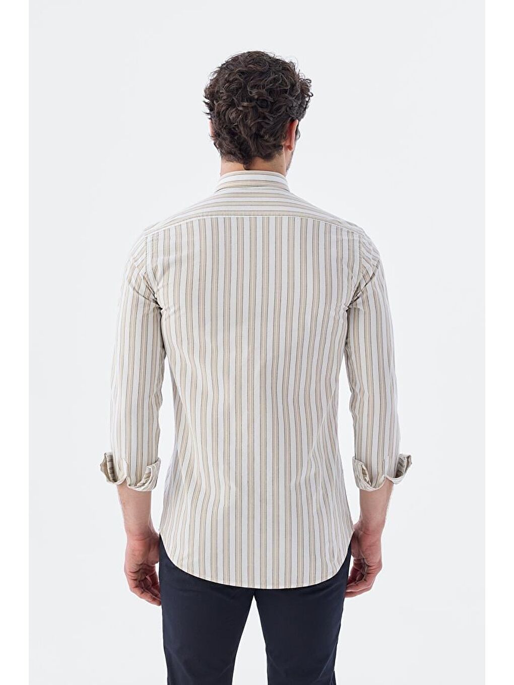 Bej Vizon Comfort Fit Düğmeli Yaka Cizgili Pamuklu Gömlek-3