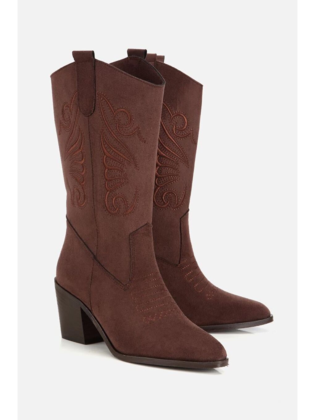 Kadın Kahverengi İşleme Detaylı Topuklu Western Kovboy Bot-1