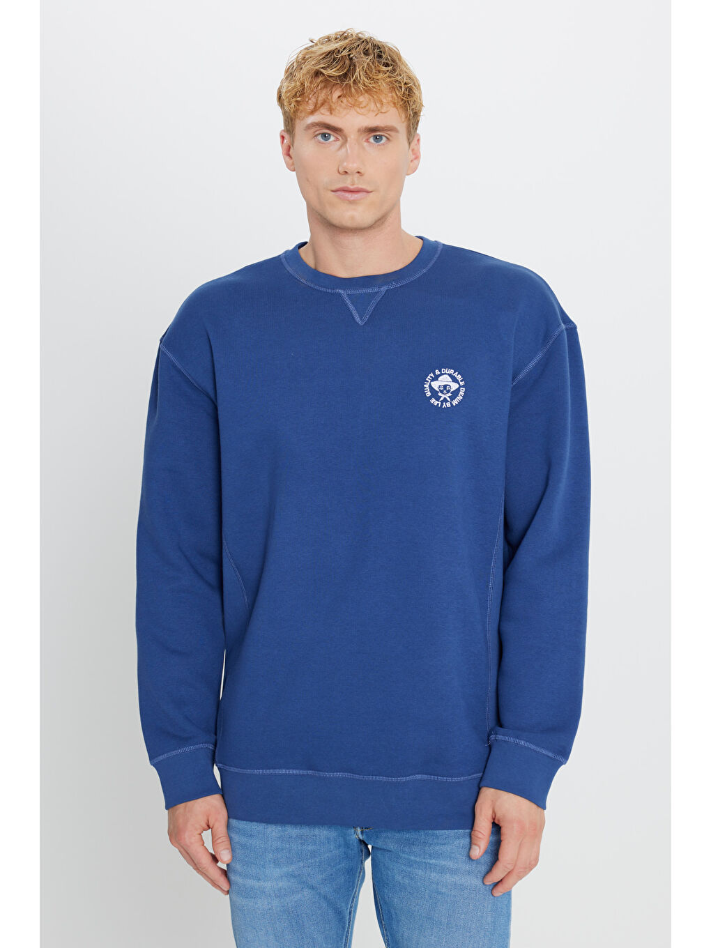 Lacivert İçi Polarlı Regular Fit Bisiklet Yaka Baskılı Sweatshirt-1