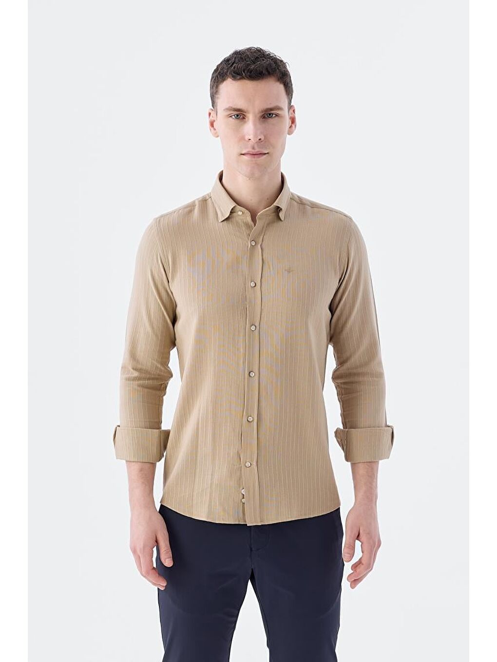 Kahverengi Camel Comfort Fit Düğmeli Yaka Esnek Kumaş Pamuklu Gömlek