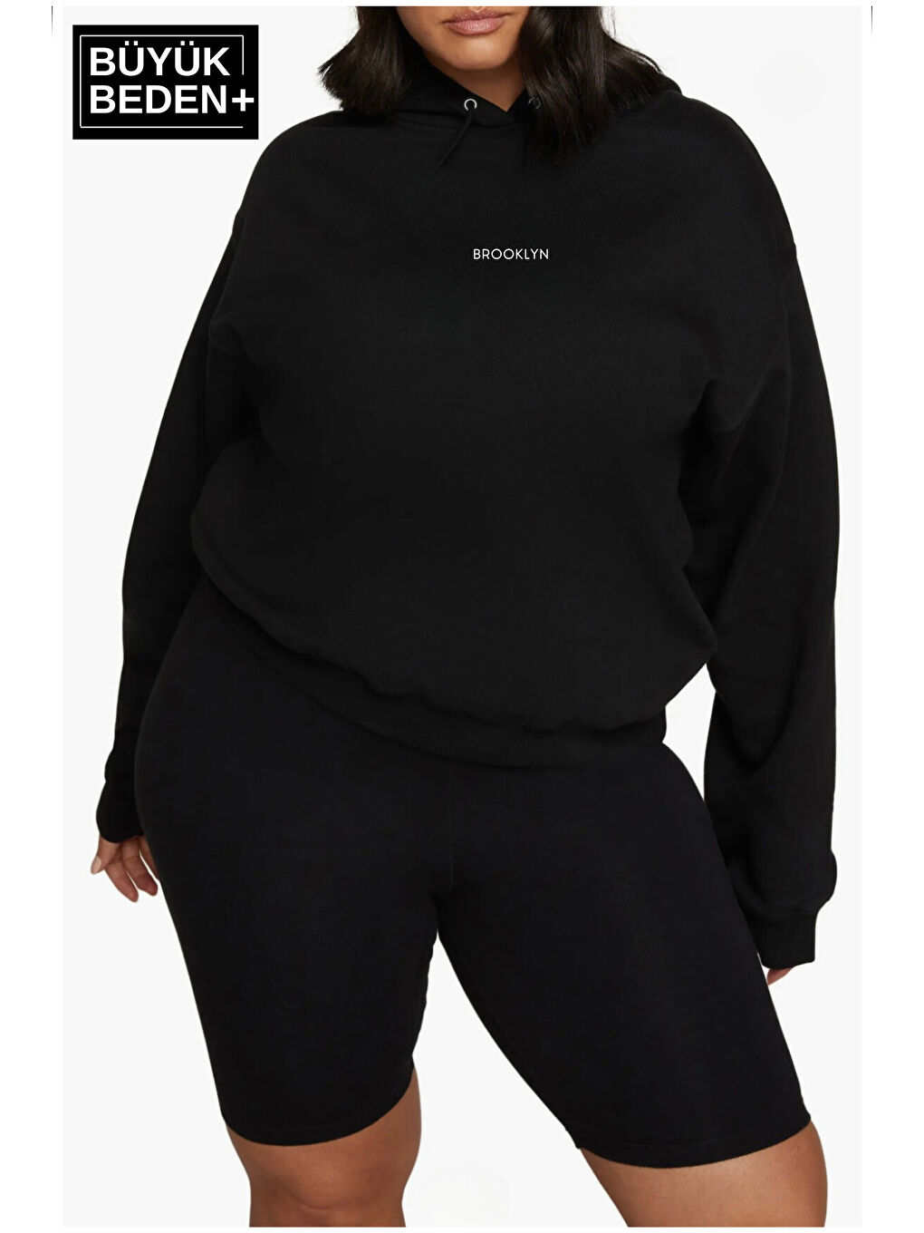 Siyah Kadın Orta Brooklyn Baskılı Büyük Beden İnce Kapüşonlu Swatshırt SPR25BSWk61-1