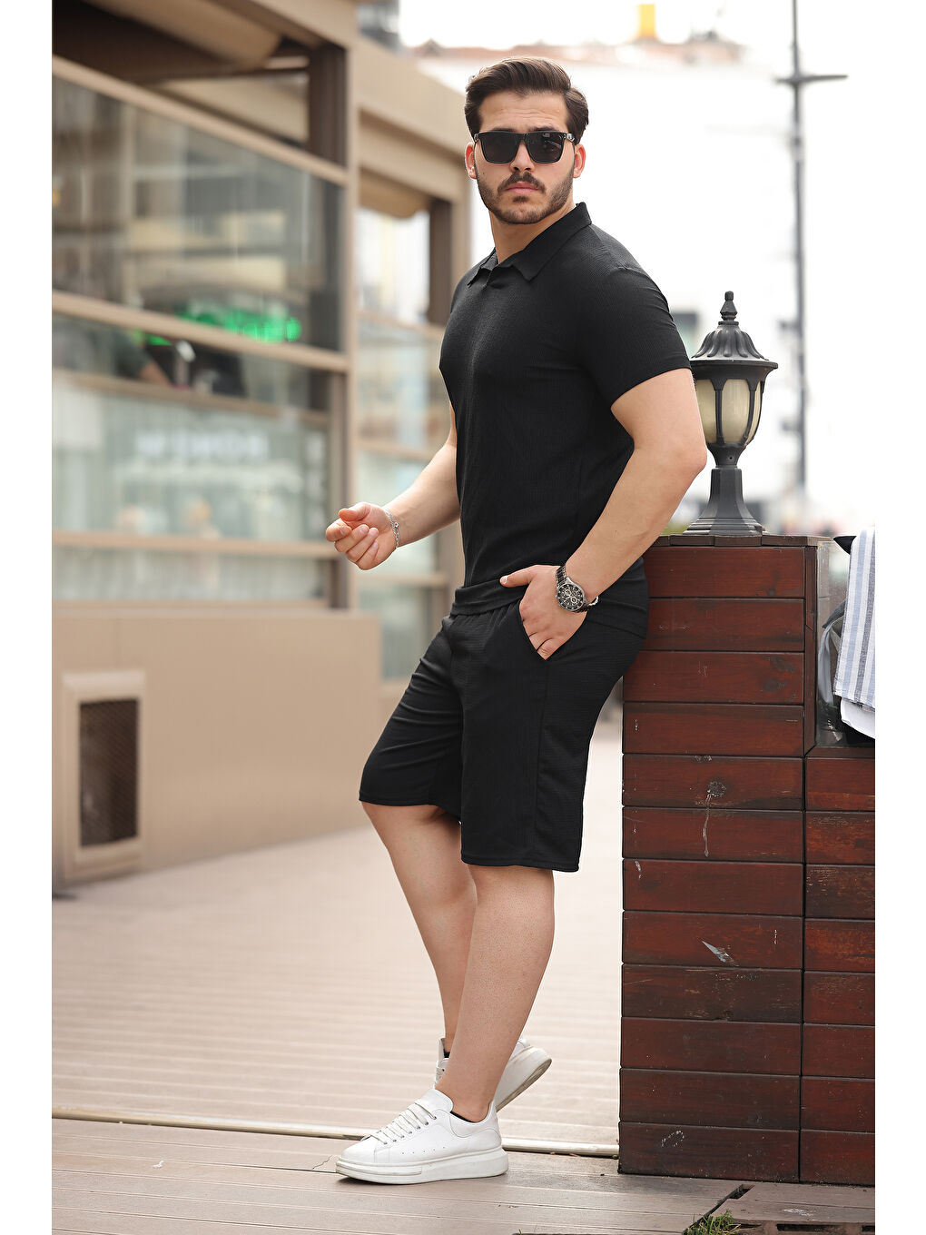 Erkek Bürümcük Siyah Tişört Bol Şortlu Yazlık İkili Takım-3