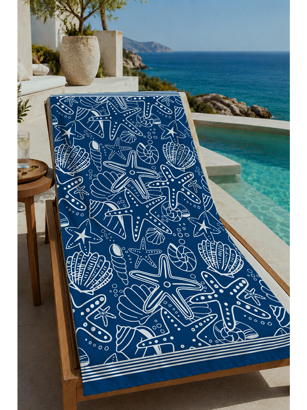 Lacivert Deniz Canlıları Çizim Desenli 70x150 Cm Dijital Baskılı Plaj Ve Banyo Havlusu