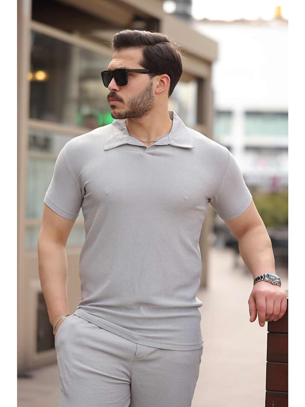 Erkek Bürümcük Gri Tişört Bol Şortlu Yazlık İkili Takım-2