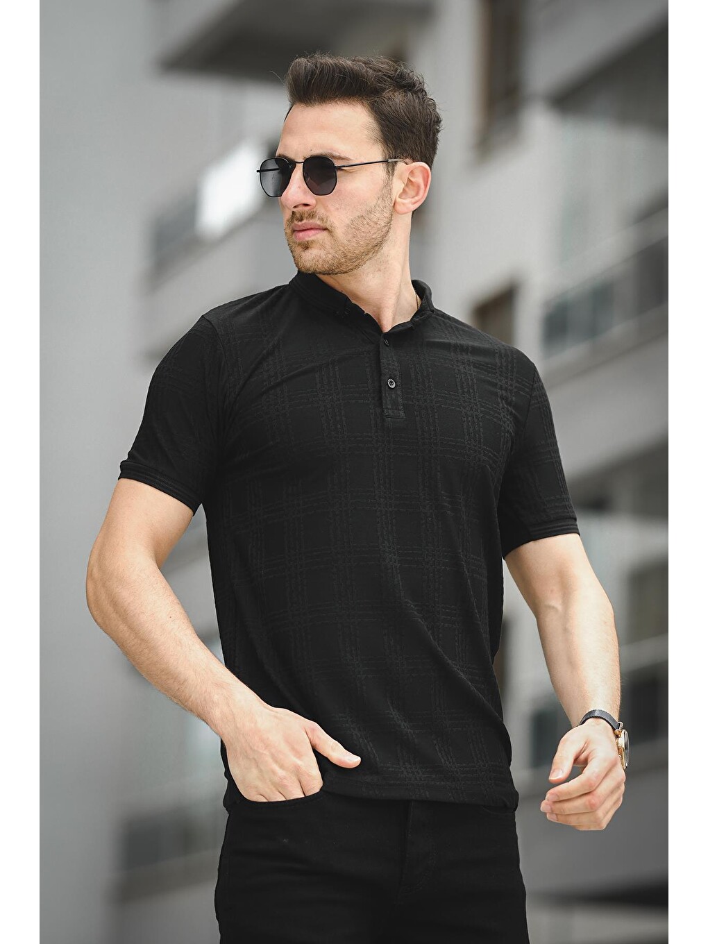 Siyah Örme Jakar Kumaş Desenli Polo Yaka Erkek Tişört