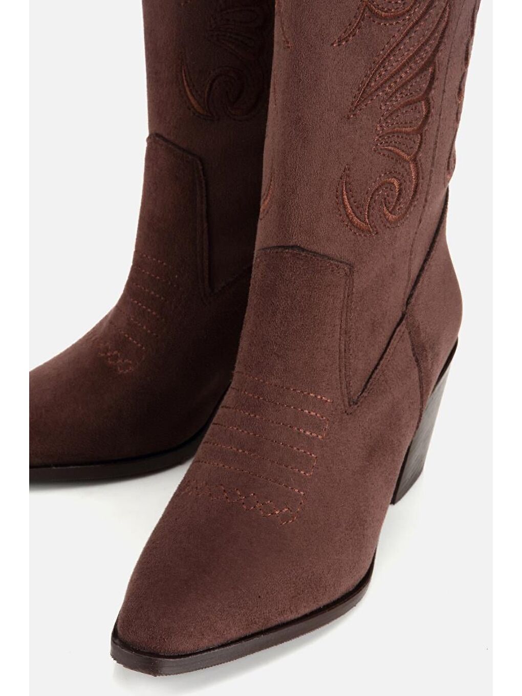 Kadın Kahverengi İşleme Detaylı Topuklu Western Kovboy Bot-3