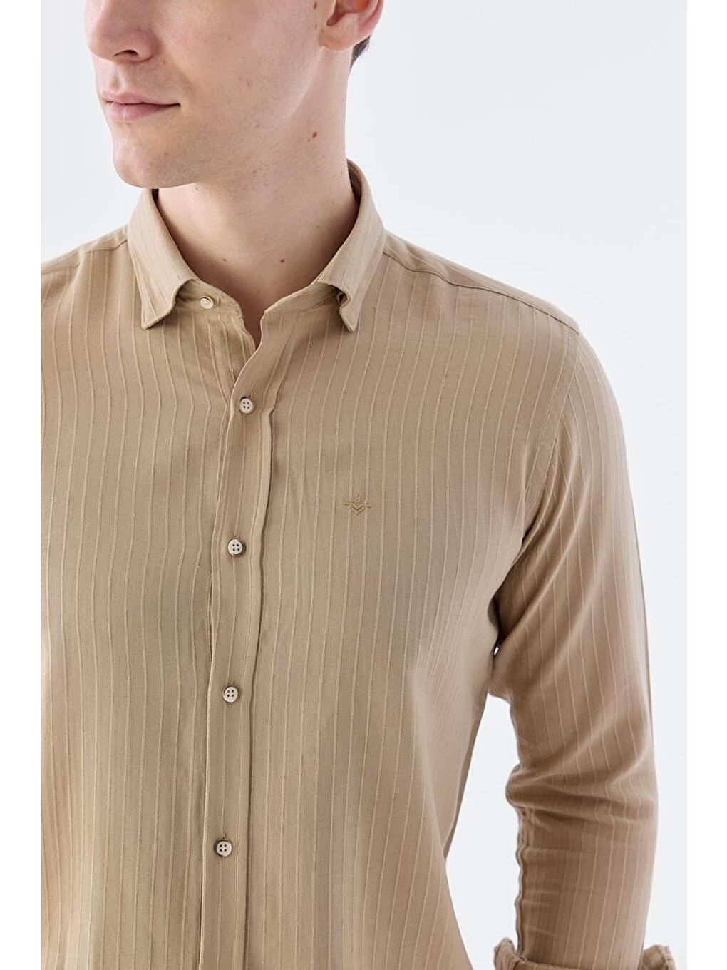 Kahverengi Camel Comfort Fit Düğmeli Yaka Esnek Kumaş Pamuklu Gömlek-2