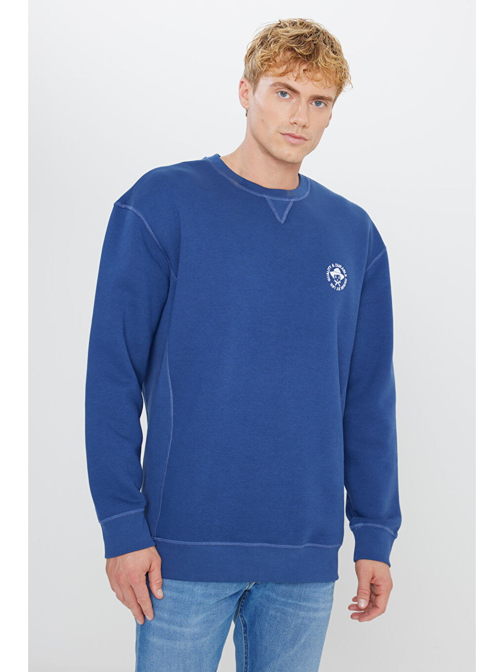 Lacivert İçi Polarlı Regular Fit Bisiklet Yaka Baskılı Sweatshirt-2
