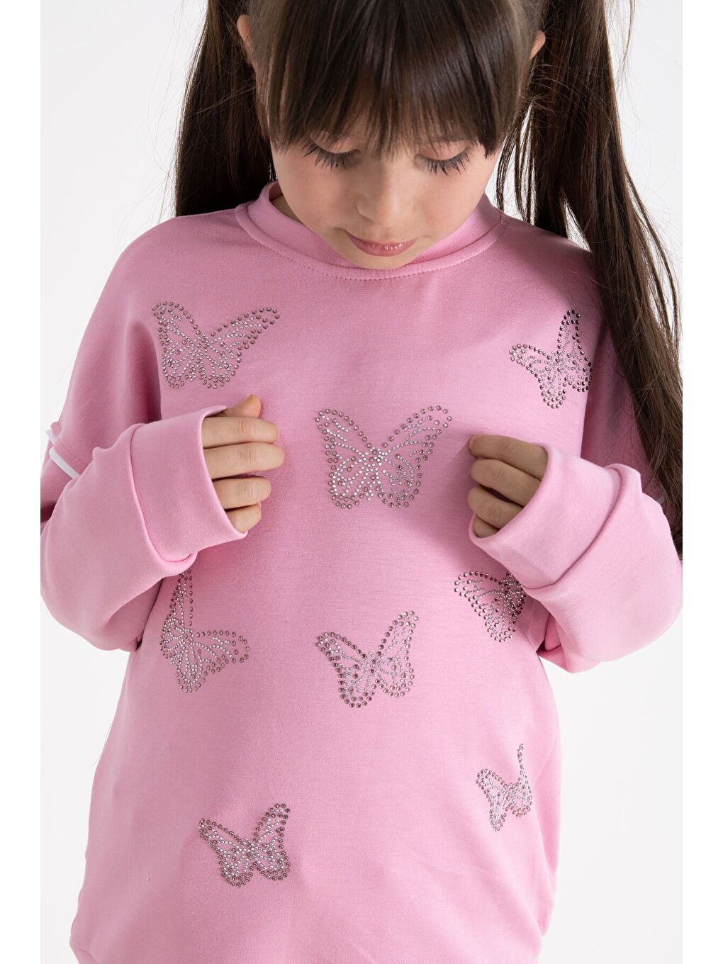 Pembe Payetli Kelebek İşlemeli Geniş Paça Kız Çocuk Eşofman Takımı 22734-1