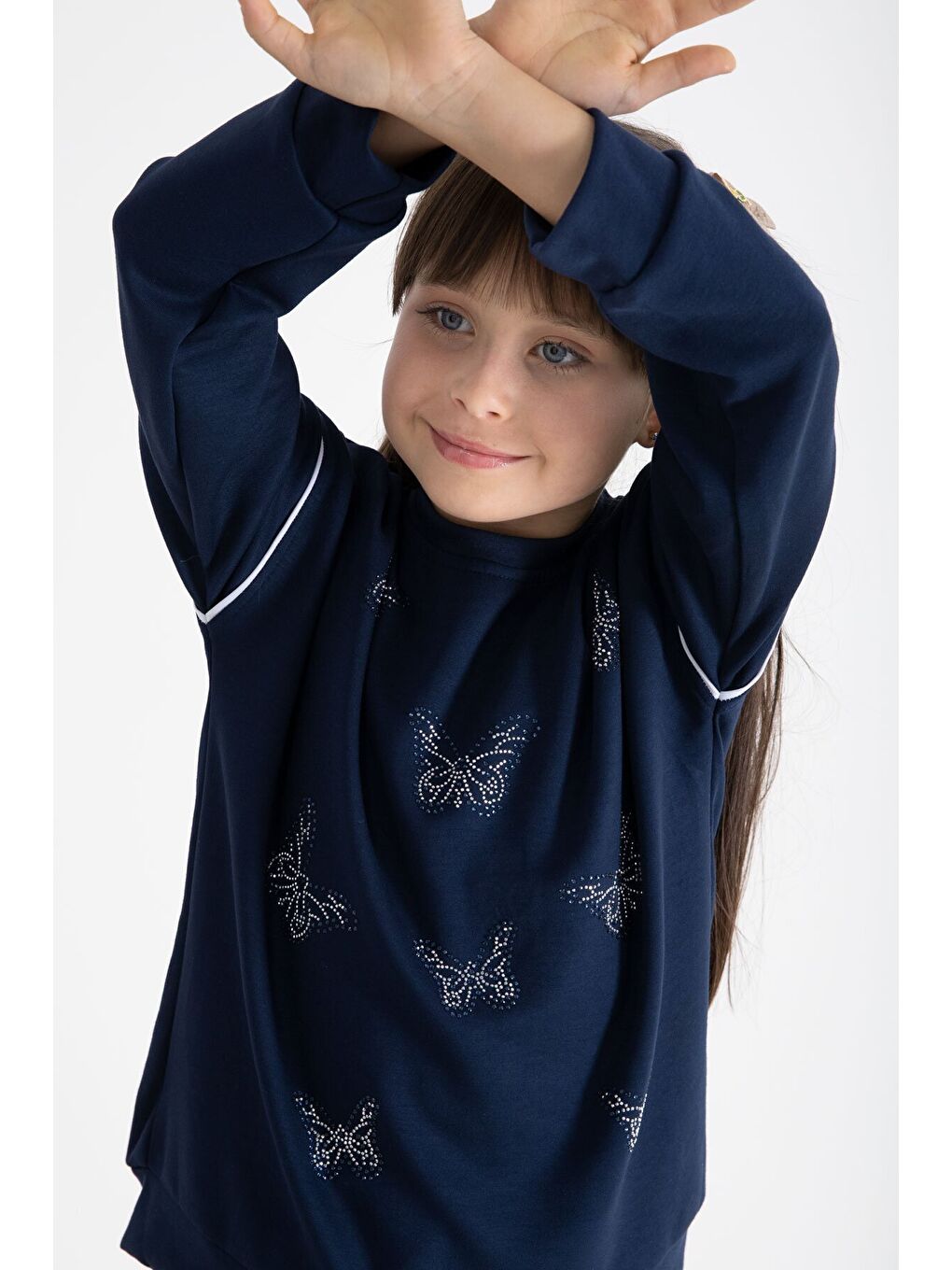 Lacivert Payetli Kelebek İşlemeli Geniş Paça Kız Çocuk Eşofman Takımı 22735-1