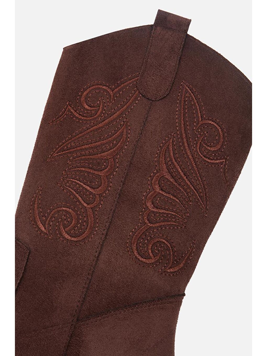 Kadın Kahverengi İşleme Detaylı Topuklu Western Kovboy Bot-6