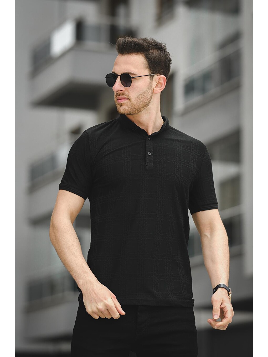 Siyah Örme Jakar Kumaş Desenli Polo Yaka Erkek Tişört-1