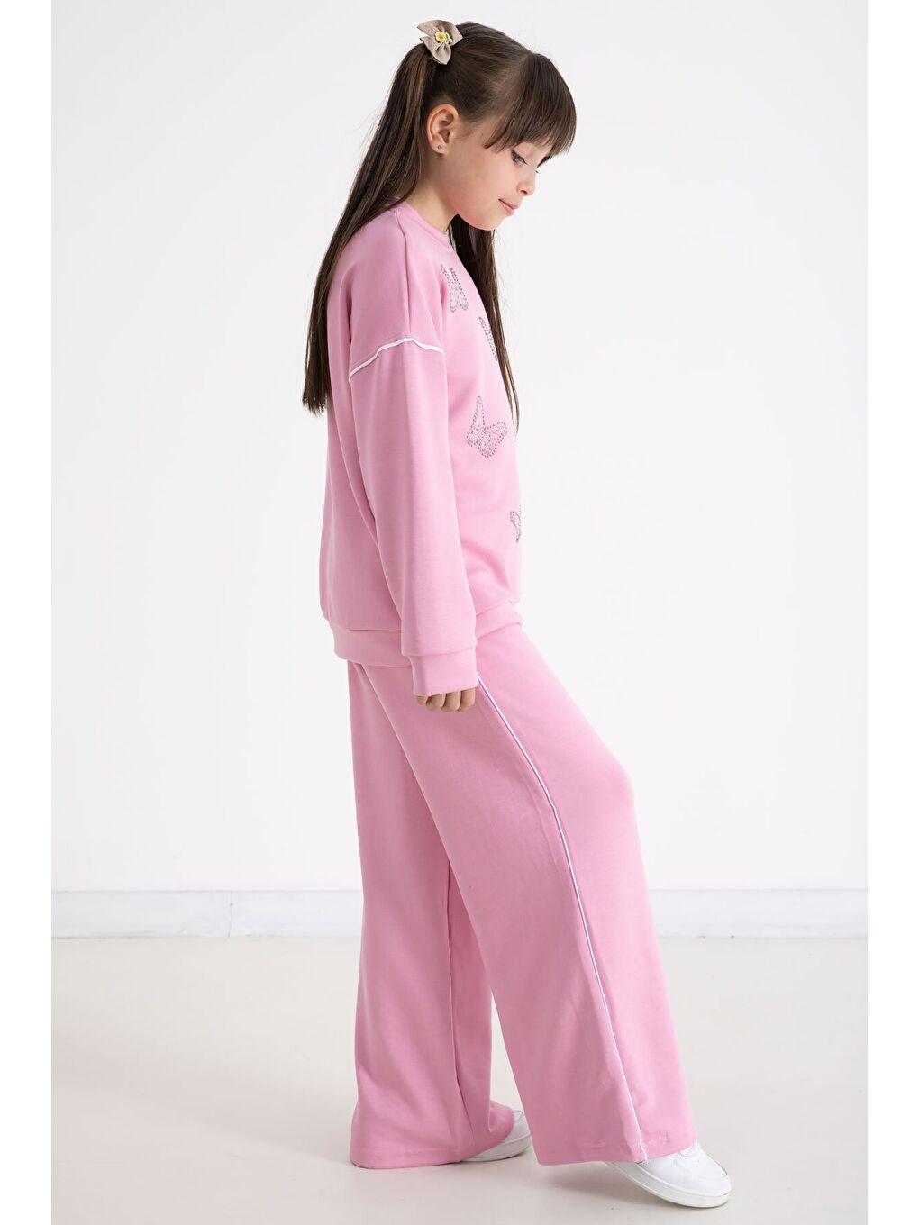Pembe Payetli Kelebek İşlemeli Geniş Paça Kız Çocuk Eşofman Takımı 22734-3