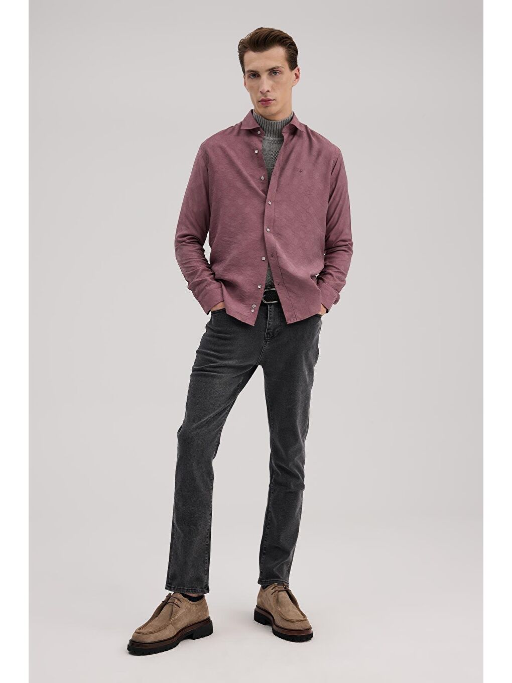 Pembe Gül Kurusu Comfort Fit Desenli Viskon Karışımlı Gömlek