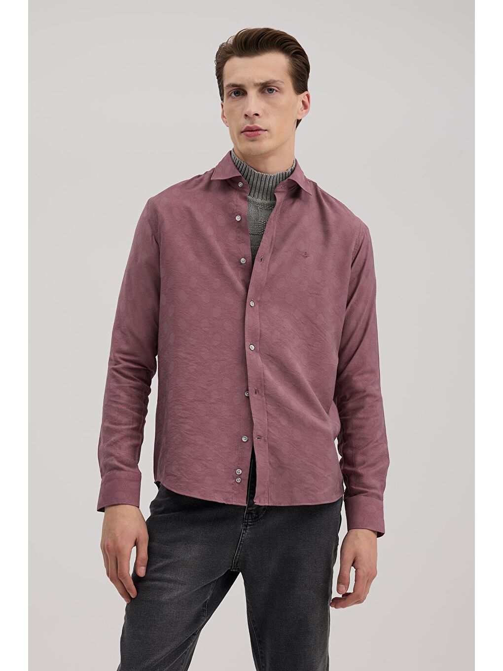 Pembe Gül Kurusu Comfort Fit Desenli Viskon Karışımlı Gömlek-1