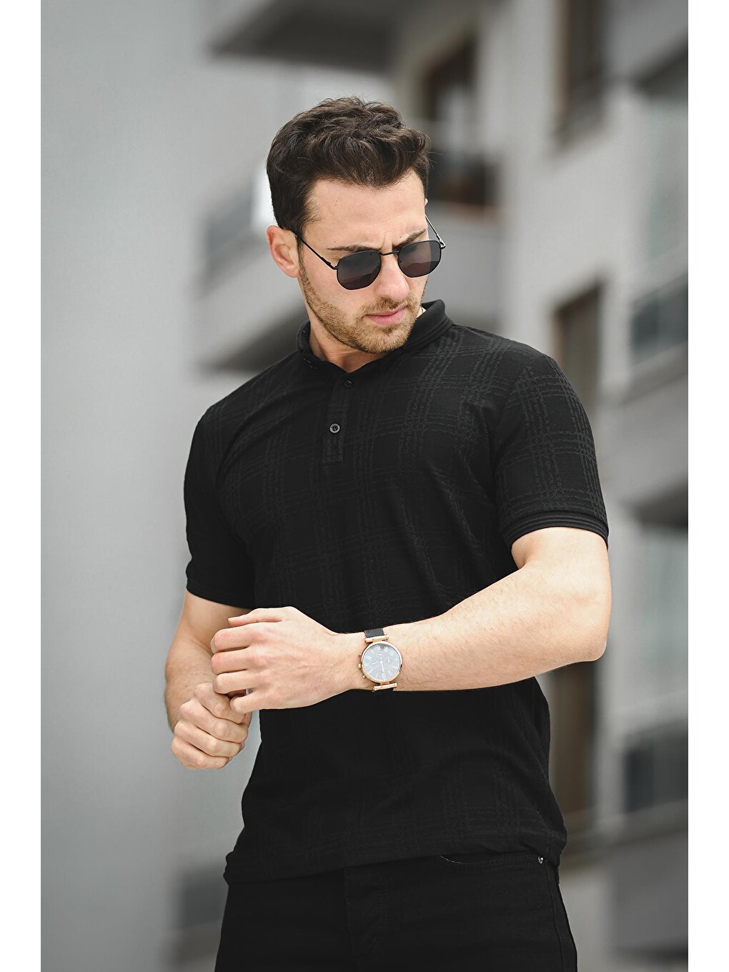 Siyah Örme Jakar Kumaş Desenli Polo Yaka Erkek Tişört-2