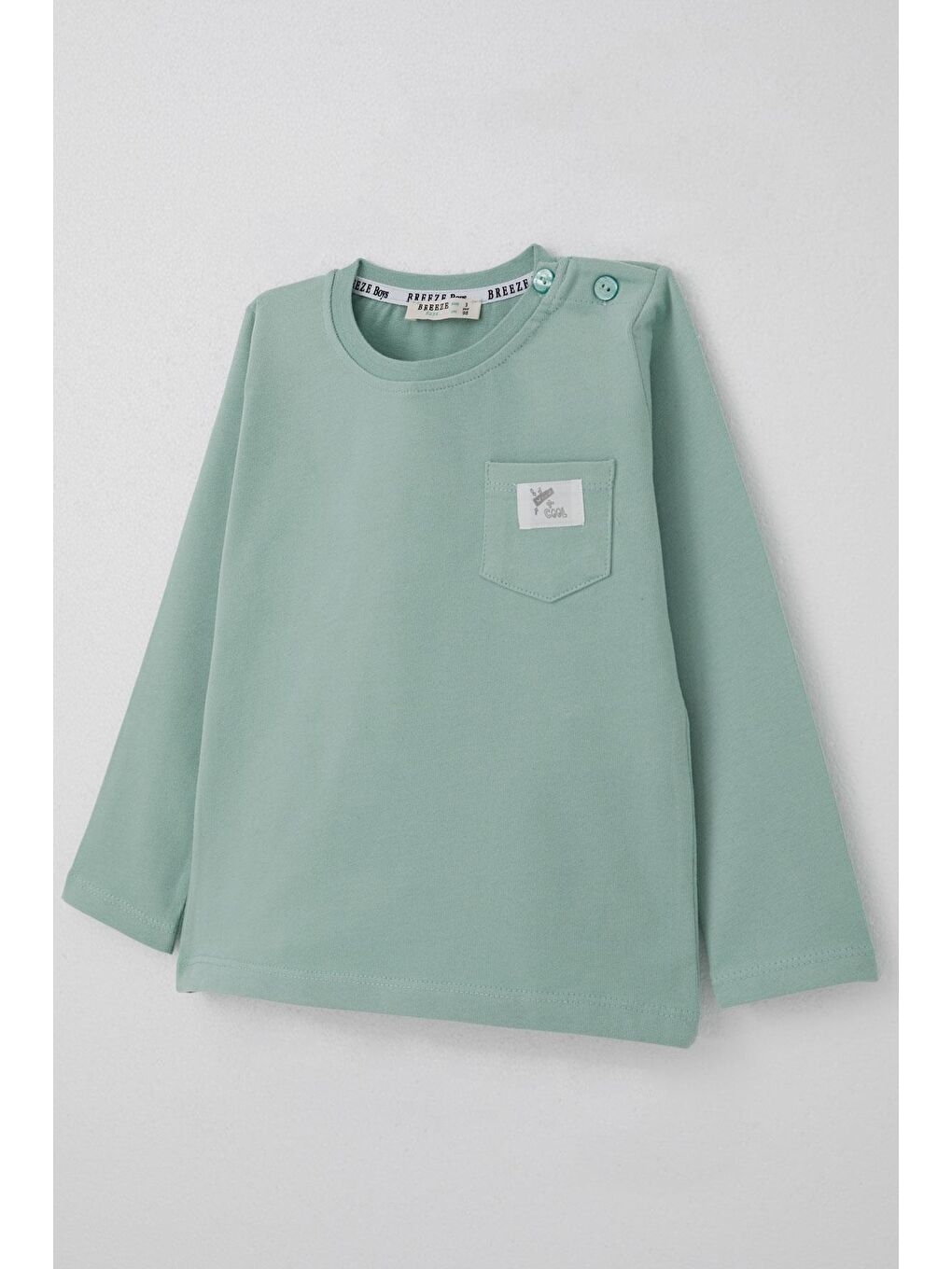 Erkek Bebek Uzun Kollu Tişört Cool Yazı Armalı Cepli Mint Yeşili (9 Ay-3 Yaş)-2
