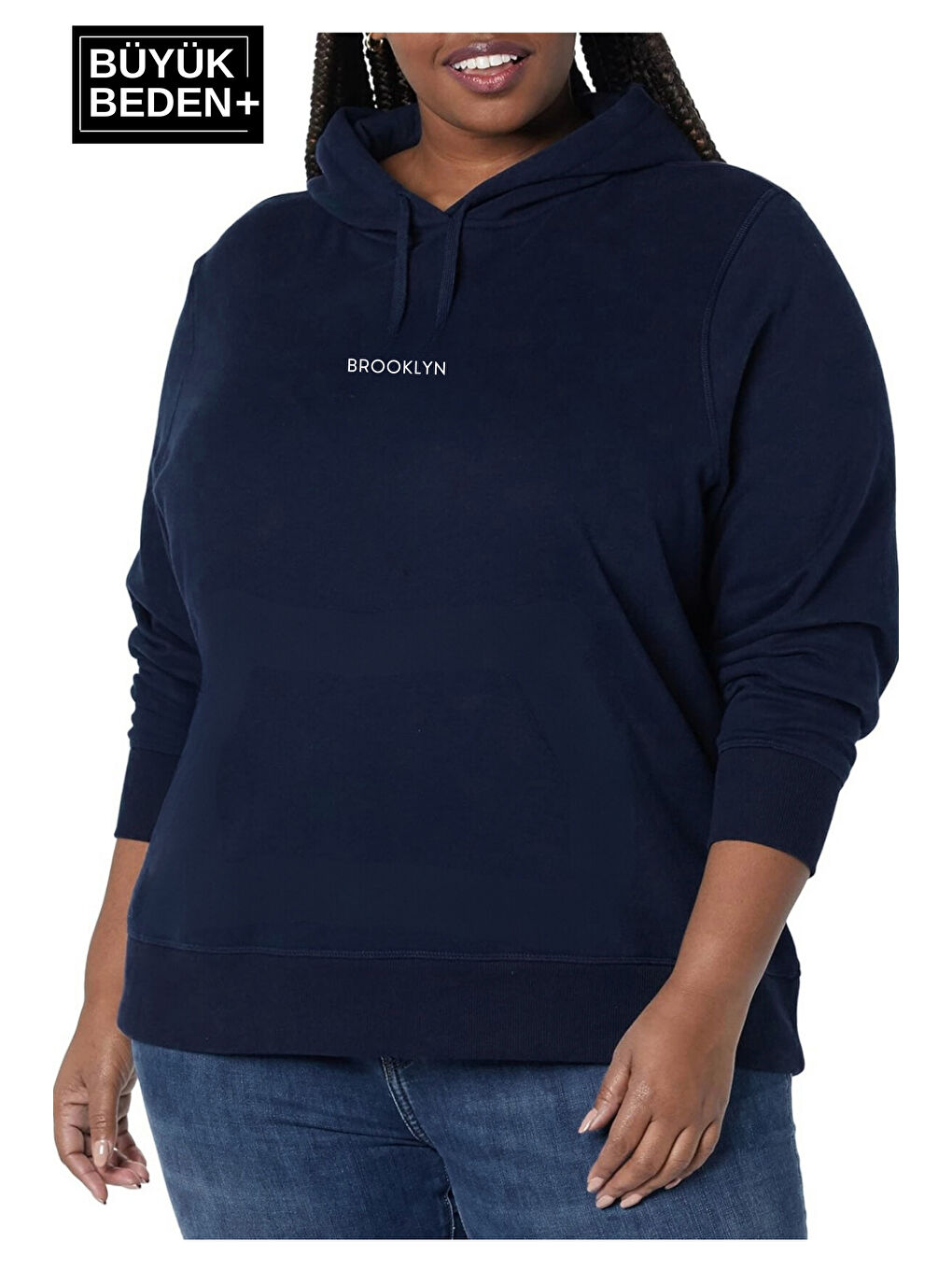 Lacivert Kadın Orta Brooklyn Baskılı Büyük Beden İnce Kapüşonlu Swatshırt SPR25BSWk61-1