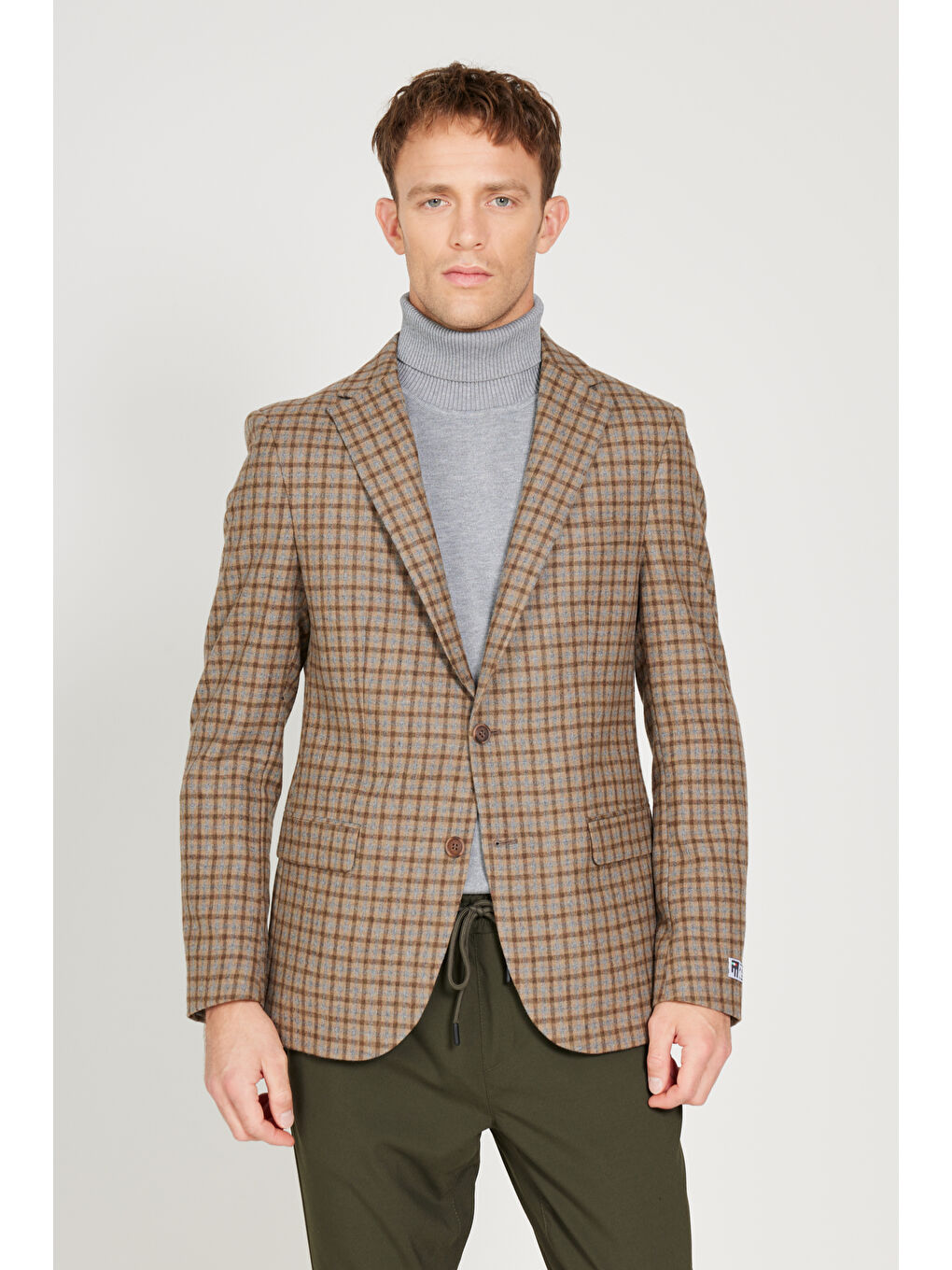 Kahverengi Erkek Kahve-Bej Slim Fit Dar Kesim Mono Yaka Kareli Yünlü Ceket