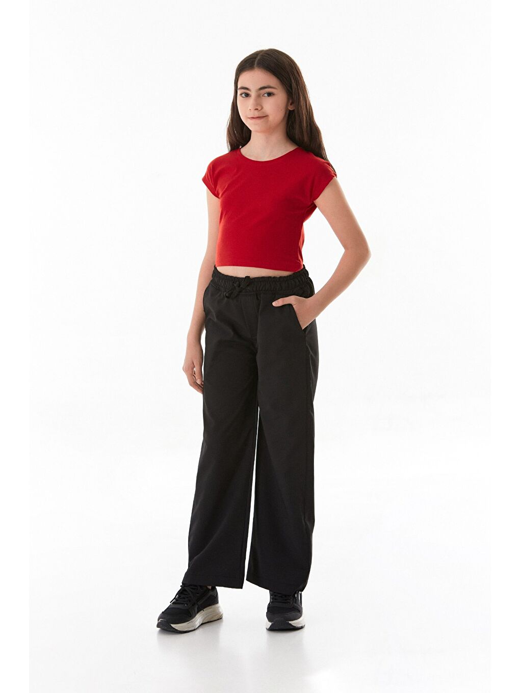 Siyah Beli Bağlamalı Paraşüt Kumaş Kız Çocuk Pantolon