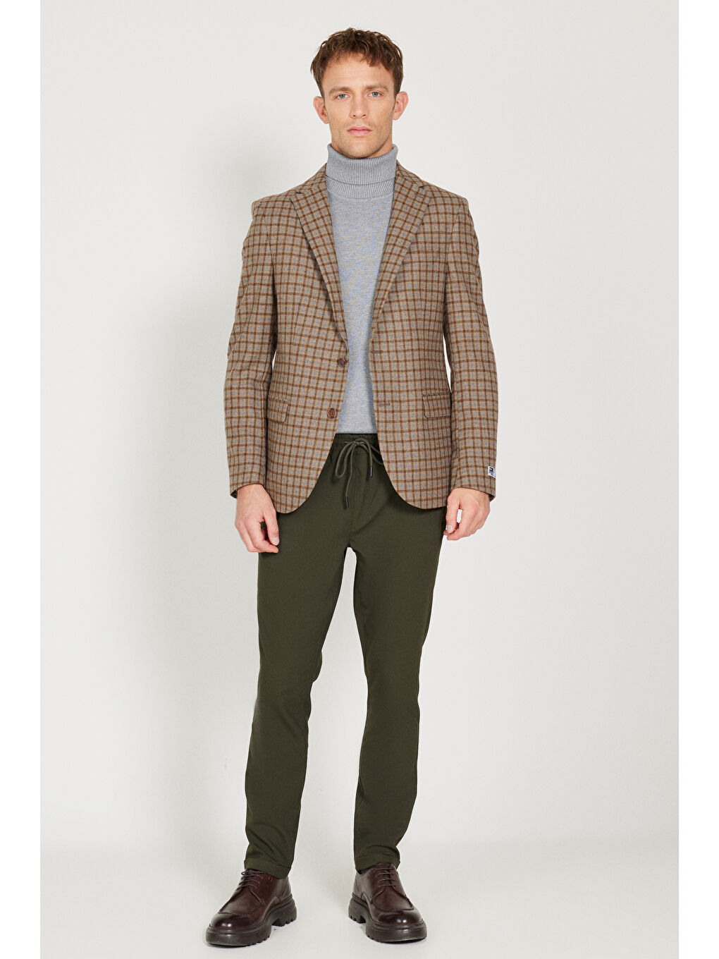 Kahverengi Erkek Kahve-Bej Slim Fit Dar Kesim Mono Yaka Kareli Yünlü Ceket-1