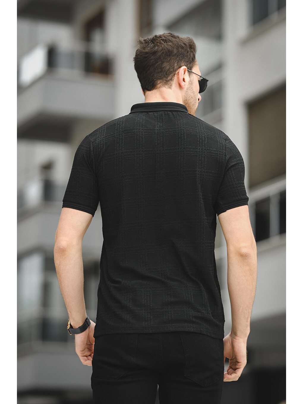 Siyah Örme Jakar Kumaş Desenli Polo Yaka Erkek Tişört-3
