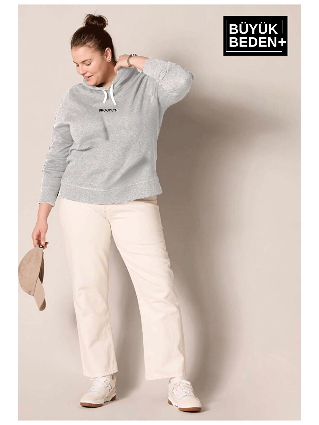 Gri Kadın Orta Brooklyn Baskılı Büyük Beden İnce Kapüşonlu Swatshırt SPR25BSWk61-1