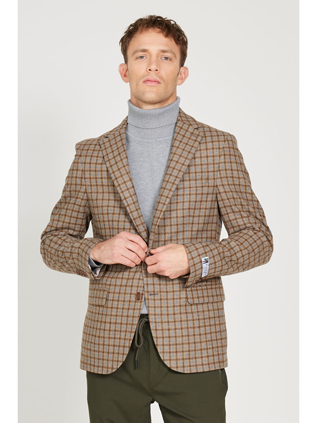 Kahverengi Erkek Kahve-Bej Slim Fit Dar Kesim Mono Yaka Kareli Yünlü Ceket-2