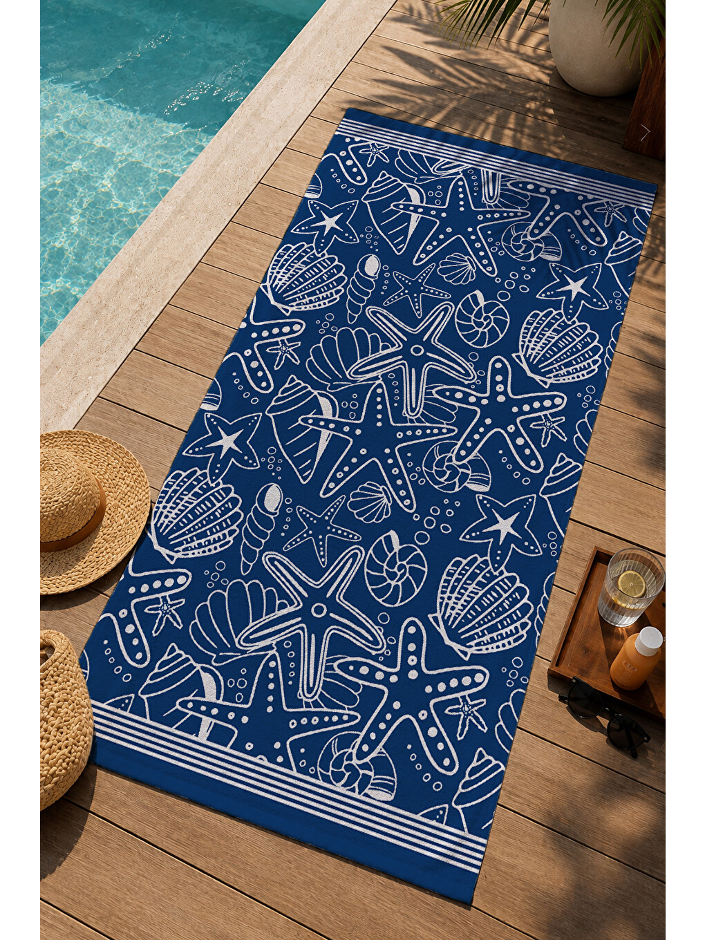 Lacivert Deniz Canlıları Çizim Desenli 70x150 Cm Dijital Baskılı Plaj Ve Banyo Havlusu-2