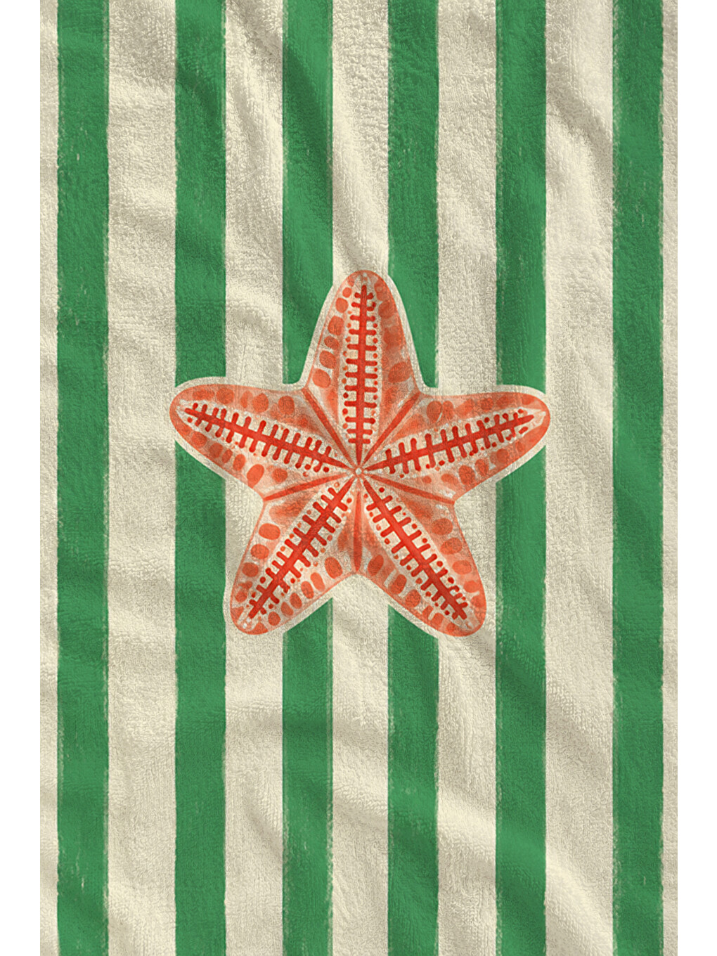 Retro Yeşil Çizgili Deniz Yıldızı Desenli 70x150 Plaj Havlusu - Dijital Baskılı Solmaz Banyo Havlusu-2
