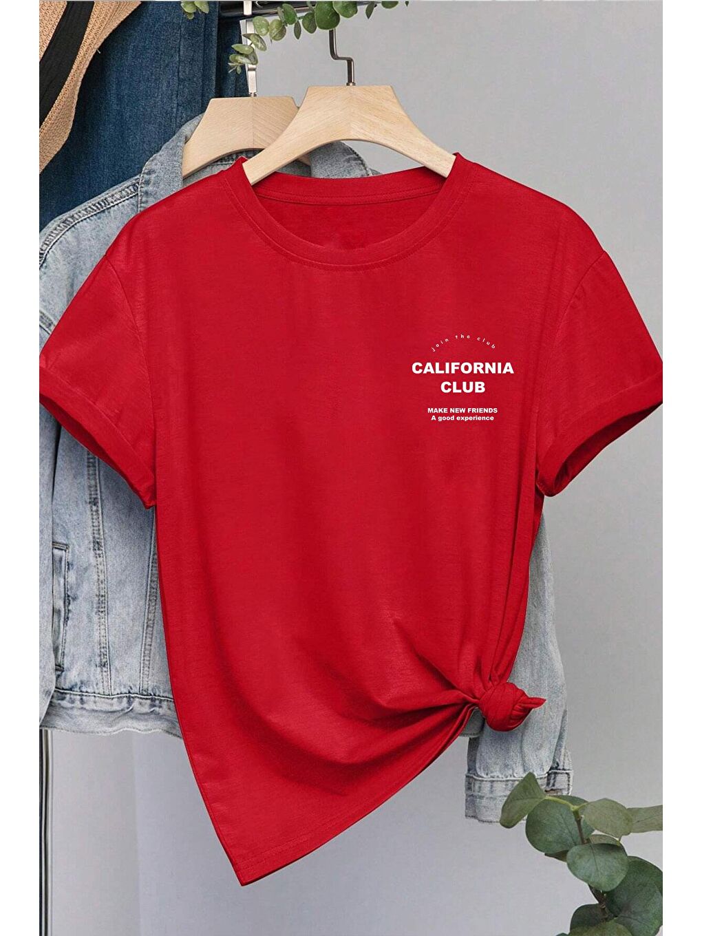 uyguntarz Kırmızı Unisex Lacivert Yaka Kol Detaylı California Club Baskılı Oversize T-shirt