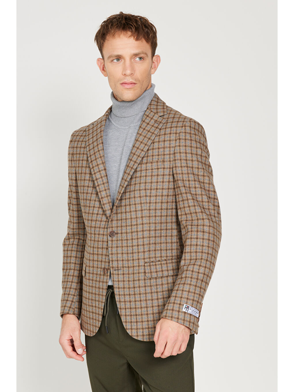 Kahverengi Erkek Kahve-Bej Slim Fit Dar Kesim Mono Yaka Kareli Yünlü Ceket-3