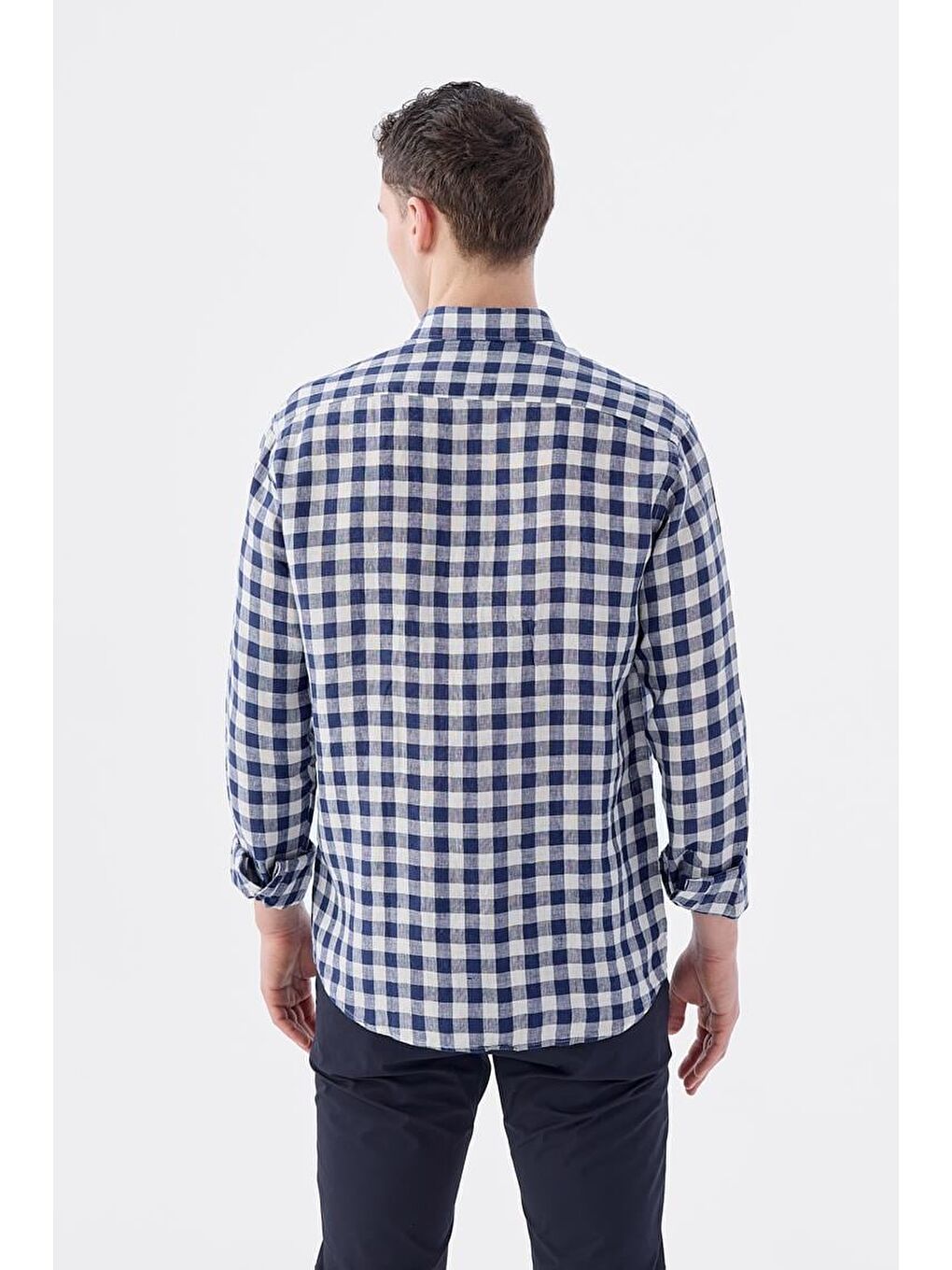 Lacivert Comfort Fit Kareli %100 Keten Gömlek-3