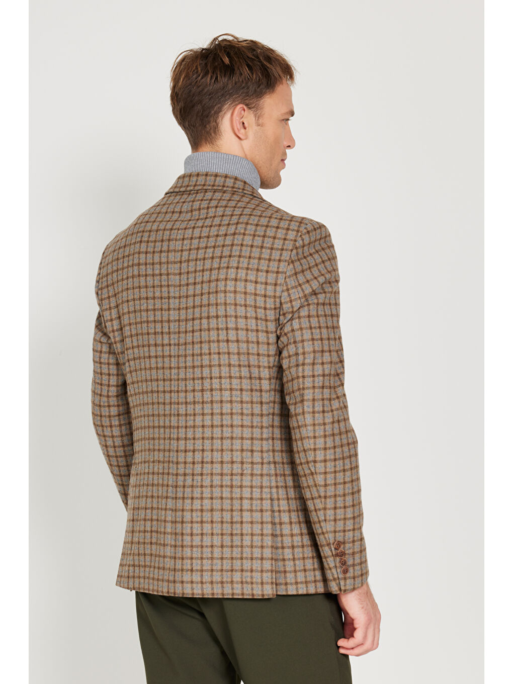 Kahverengi Erkek Kahve-Bej Slim Fit Dar Kesim Mono Yaka Kareli Yünlü Ceket-6