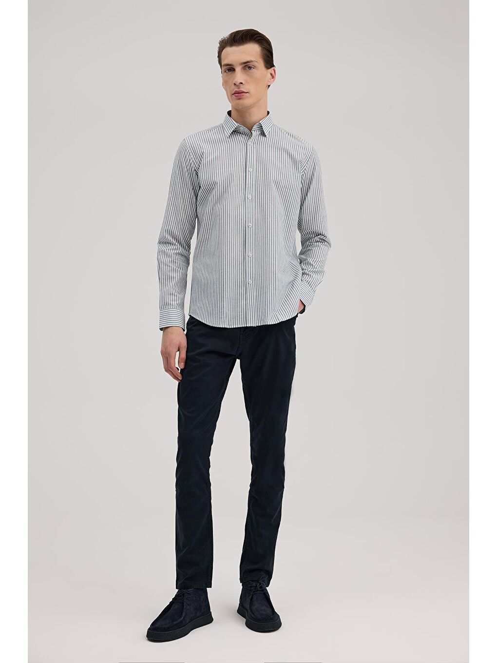 Lacivert Comfort Fit Keten Karışımlı Çizgili Gömlek-1