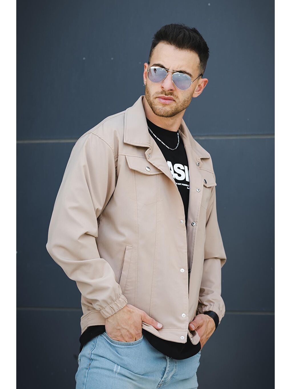 Bej Çıt Çıtlı Cepli Suya Dayanıklı Erkek Mont Ceket-1