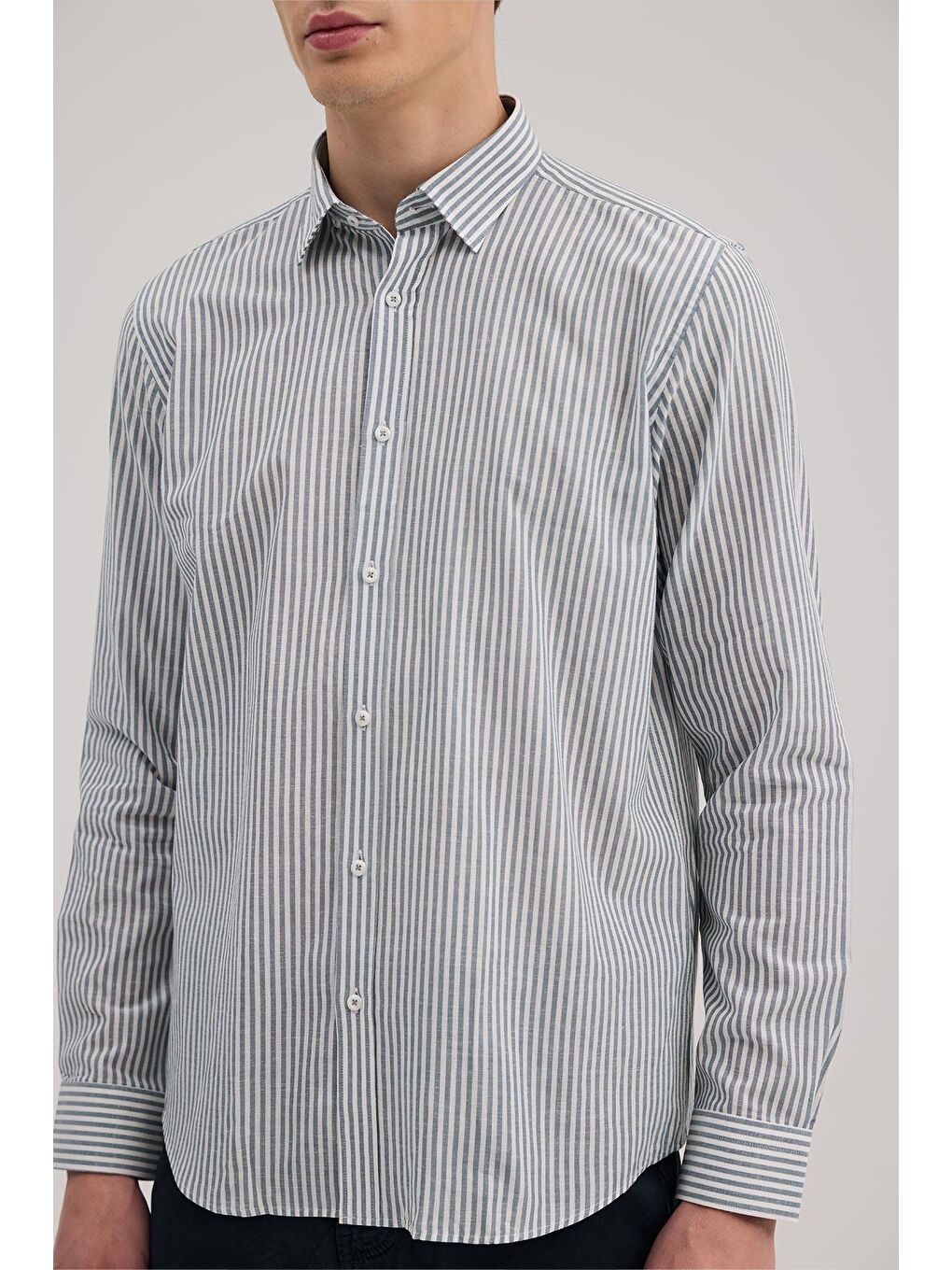 Lacivert Comfort Fit Keten Karışımlı Çizgili Gömlek-2