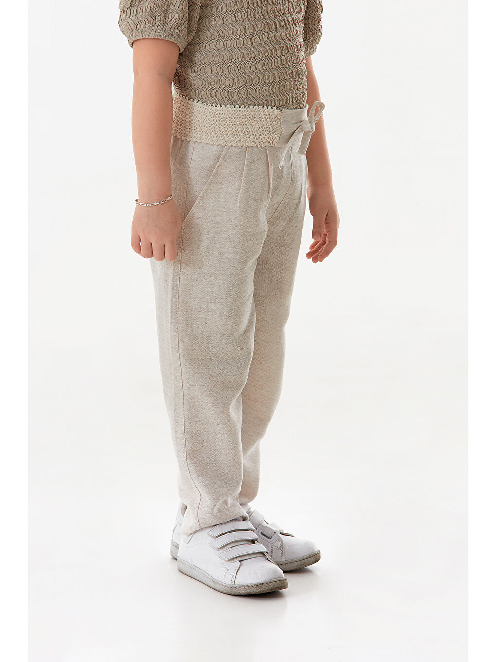Bej Beli Lastikli Kız Çocuk Keten Pantolon-1