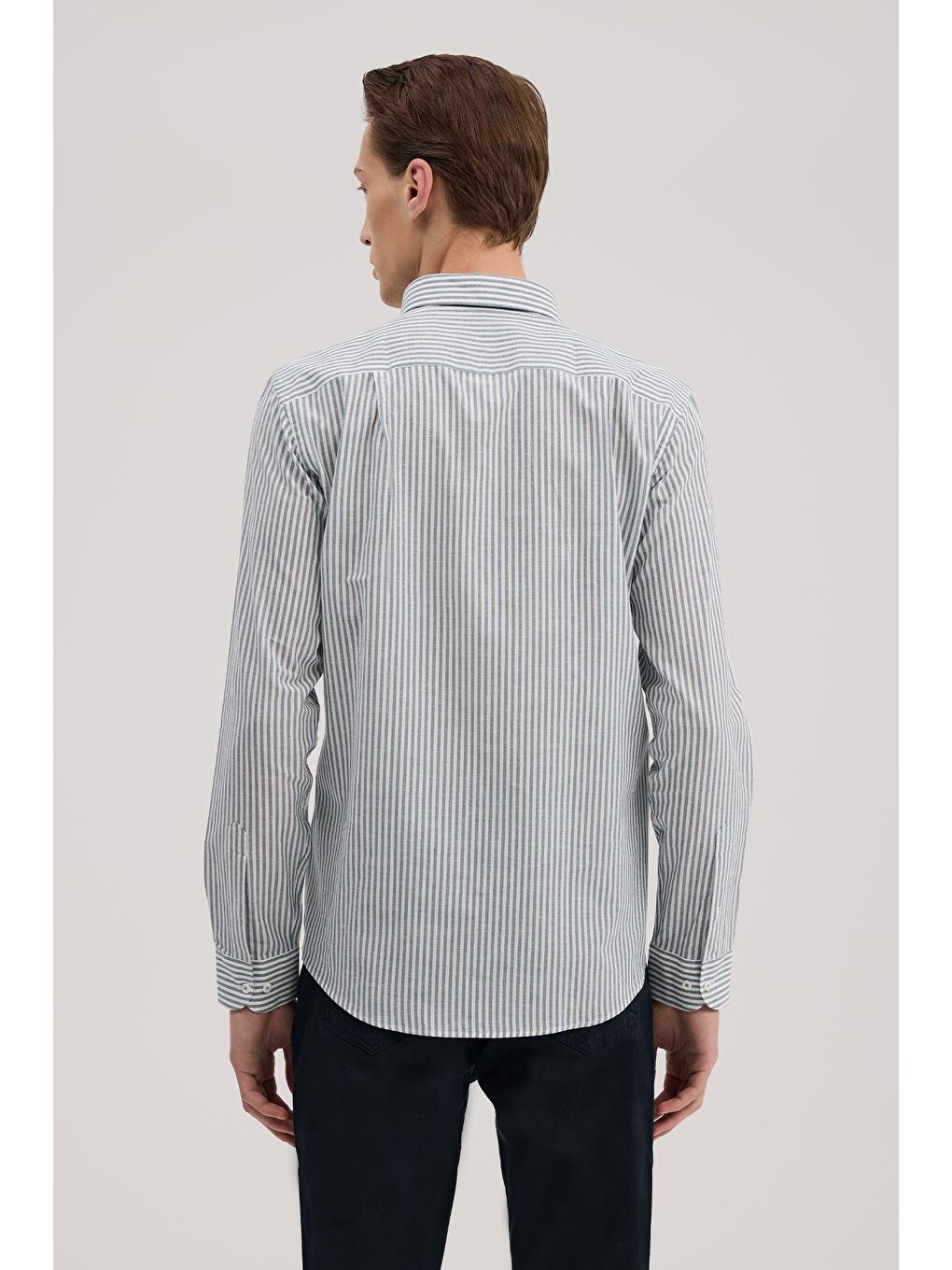 Lacivert Comfort Fit Keten Karışımlı Çizgili Gömlek-3