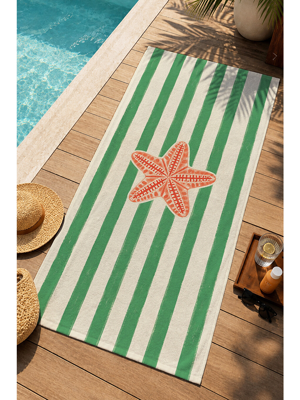 Retro Yeşil Çizgili Deniz Yıldızı Desenli 70x150 Plaj Havlusu - Dijital Baskılı Solmaz Banyo Havlusu-3