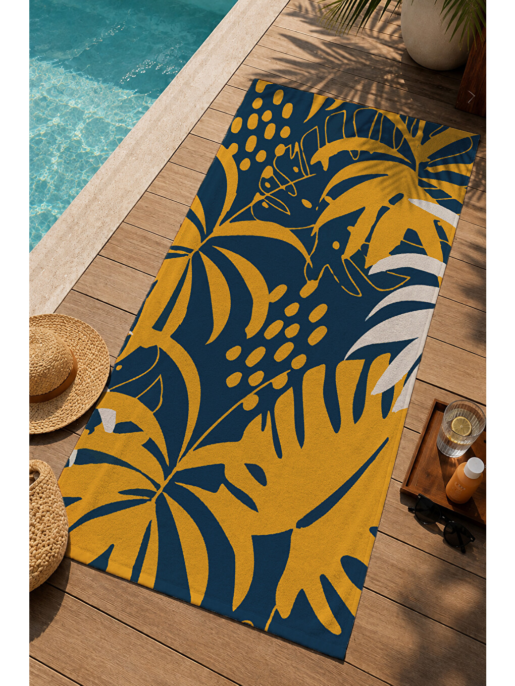 Sarı Lacivert Hardal Tropikal Yaprak Desenli 70x150 Cm Dijital Baskılı Plaj Ve Banyo Havlusu-1
