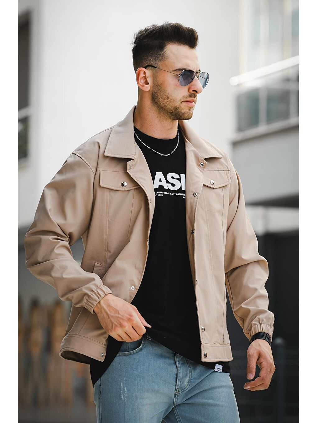 Bej Çıt Çıtlı Cepli Suya Dayanıklı Erkek Mont Ceket-2