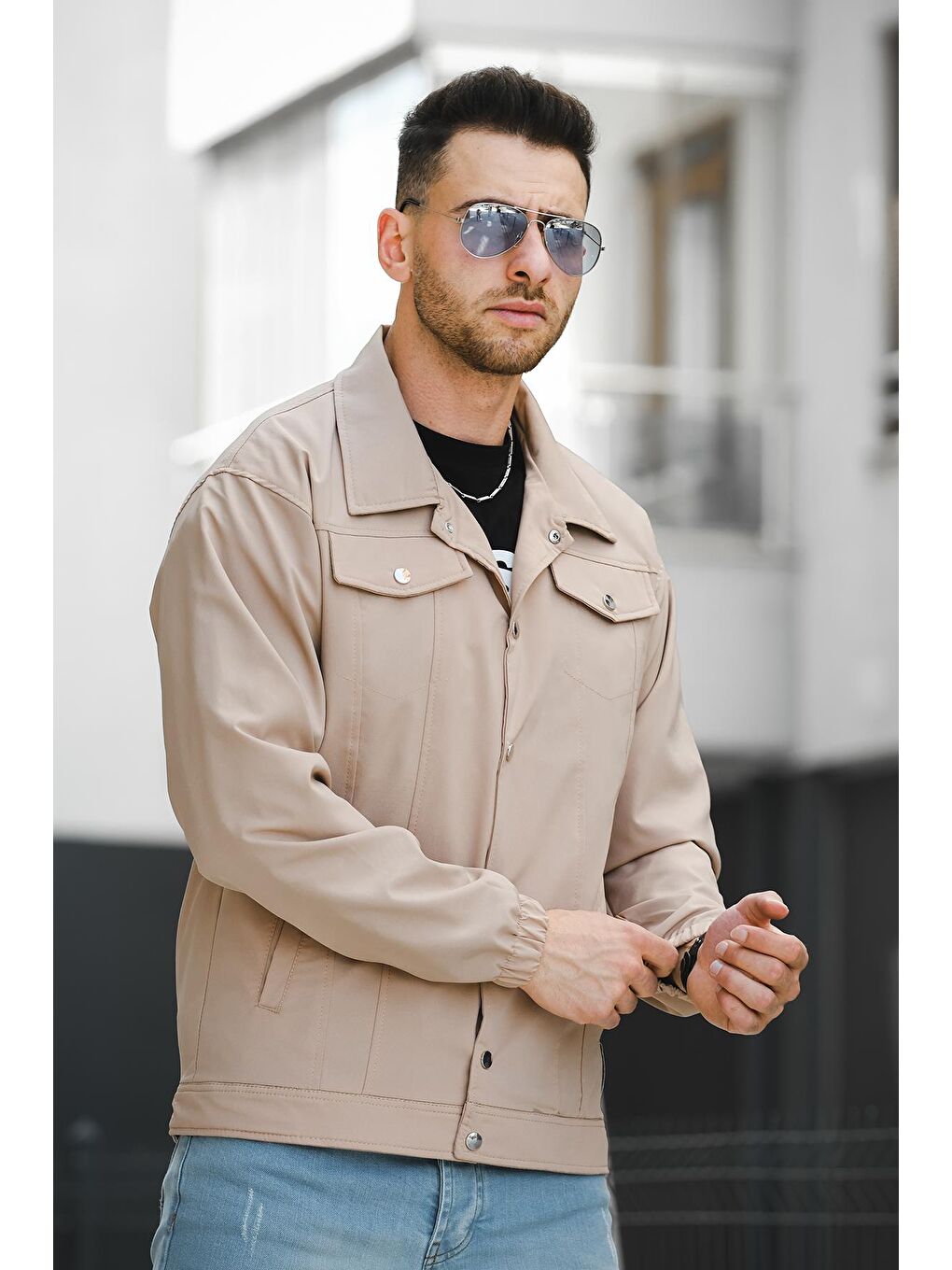 Bej Çıt Çıtlı Cepli Suya Dayanıklı Erkek Mont Ceket-3
