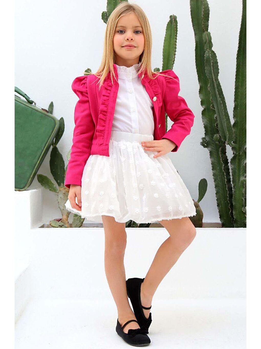 Kız Çocuk Puantiyeli Etek ve Denim Ceketli Fuşya Etekli Takım