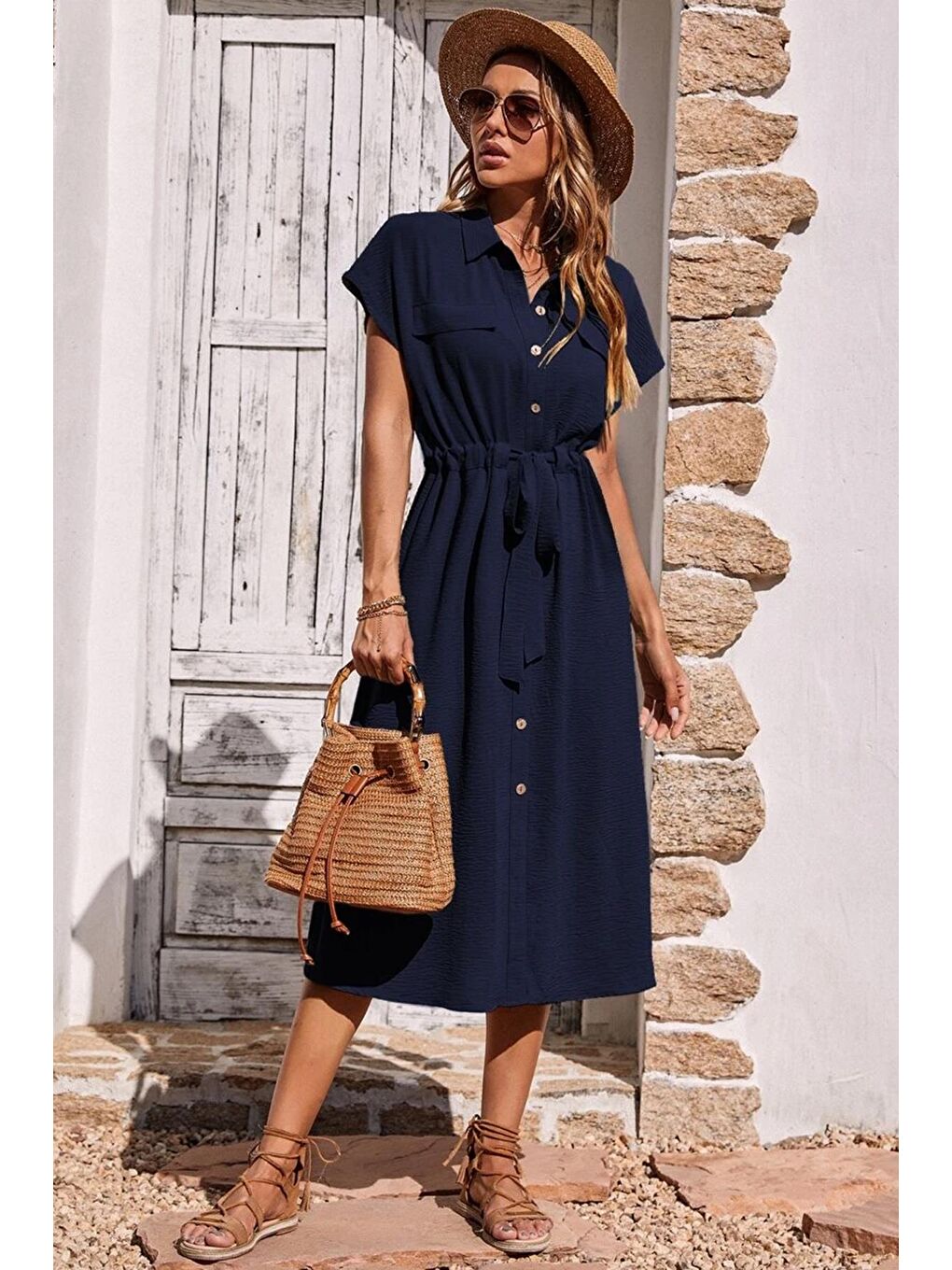 Lacivert Gömlek Yaka Uzun Elbise Mg1743-1