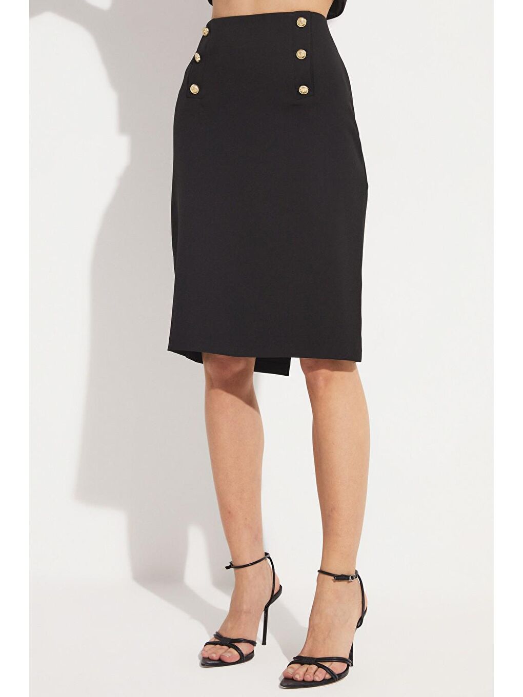 Siyah Exclusive Düğme Detaylı Midi Etek-4