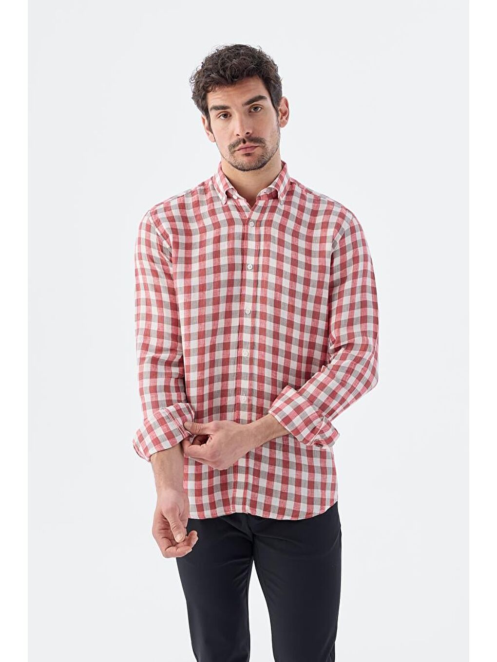 Kırmızı Comfort Fit Kareli %100 Keten Gömlek
