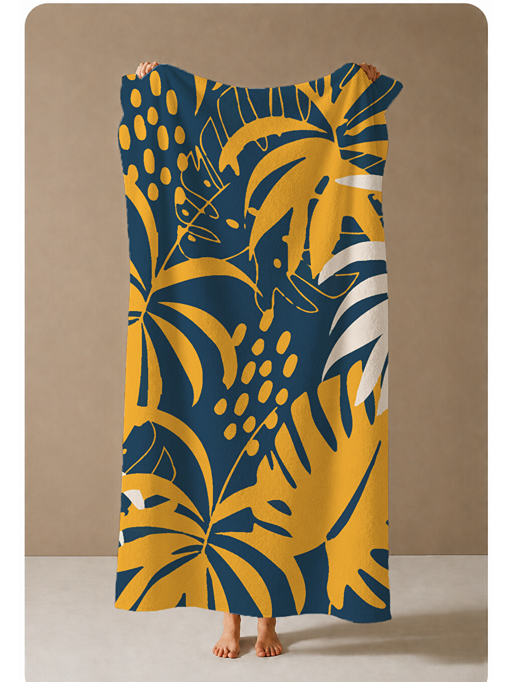 Sarı Lacivert Hardal Tropikal Yaprak Desenli 70x150 Cm Dijital Baskılı Plaj Ve Banyo Havlusu-2