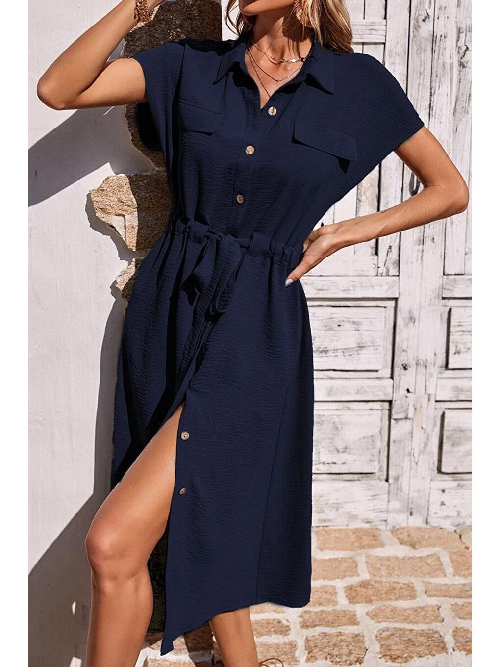 Lacivert Gömlek Yaka Uzun Elbise Mg1743-2